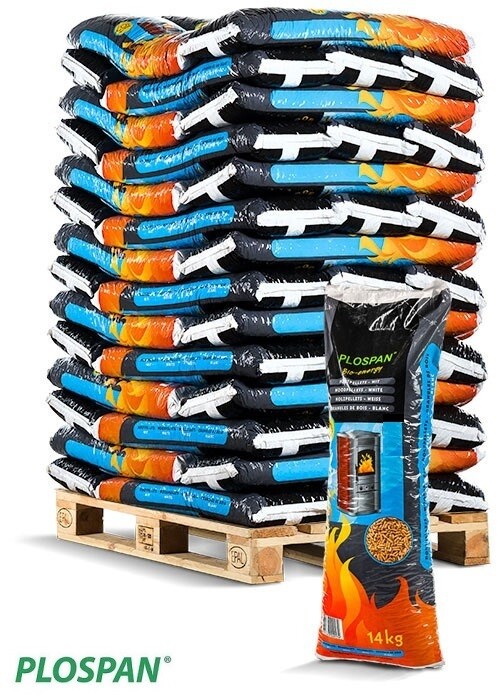 Plospan Houtpellets 14kg "wit" A1 per pallet a 56 zakken exclusief verzendkosten + dieseltoeslag(€ 60,50).
