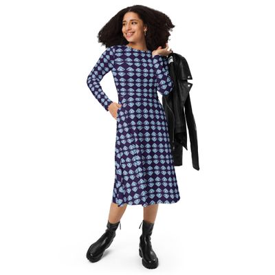 City Glory-Paris Blue Diamond Abstract (Blue and Navy) All-over print long sleeve midi dress