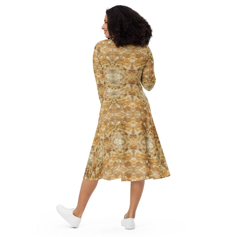 City Glory-Paris Diamonds Gold Motif All-over print long sleeve midi dress