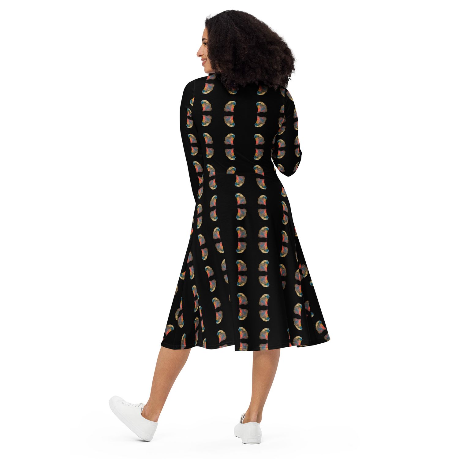 City Glory-Miami Black Opal Abstract All-over print long sleeve midi dress