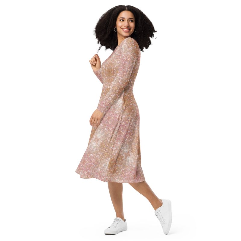 City Glory-Paris Pink Diamond Motif All-over print long sleeve midi dress