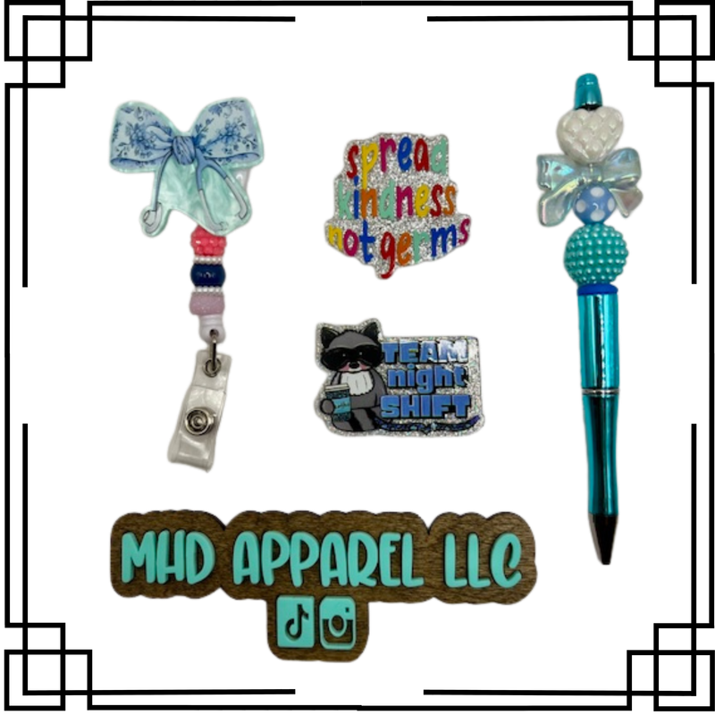 Blue Stethoscope Bow/Night Shift Badge Reel &amp; Pen Set