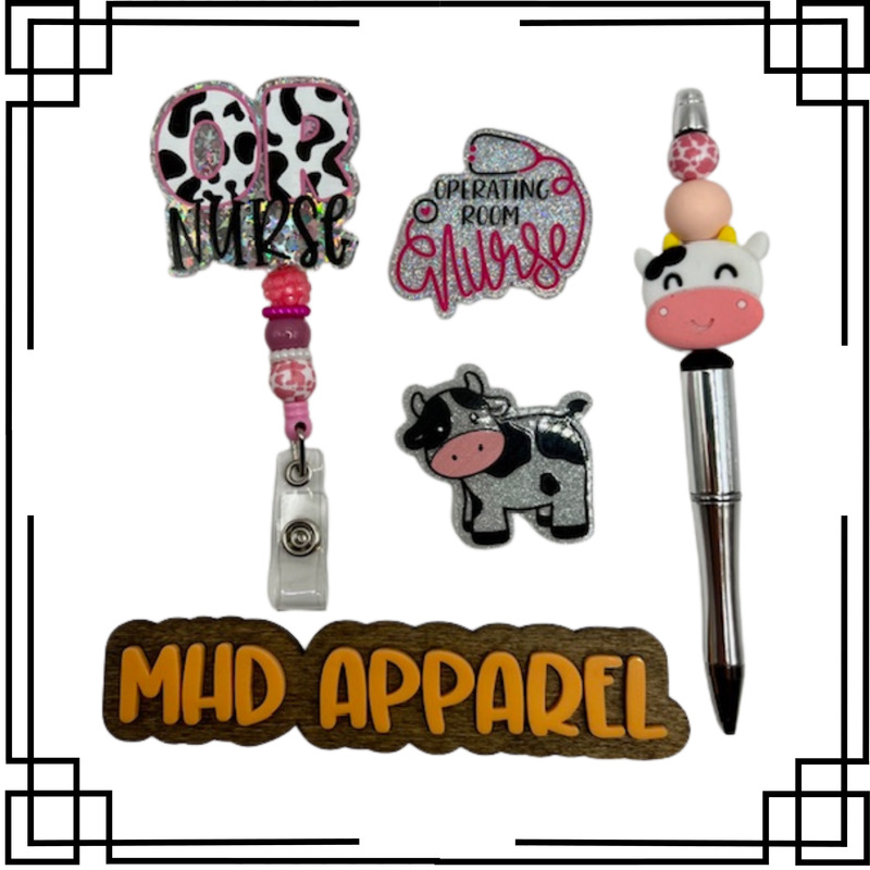 Cow OR Nurse Badge Reel &amp; Pen Set