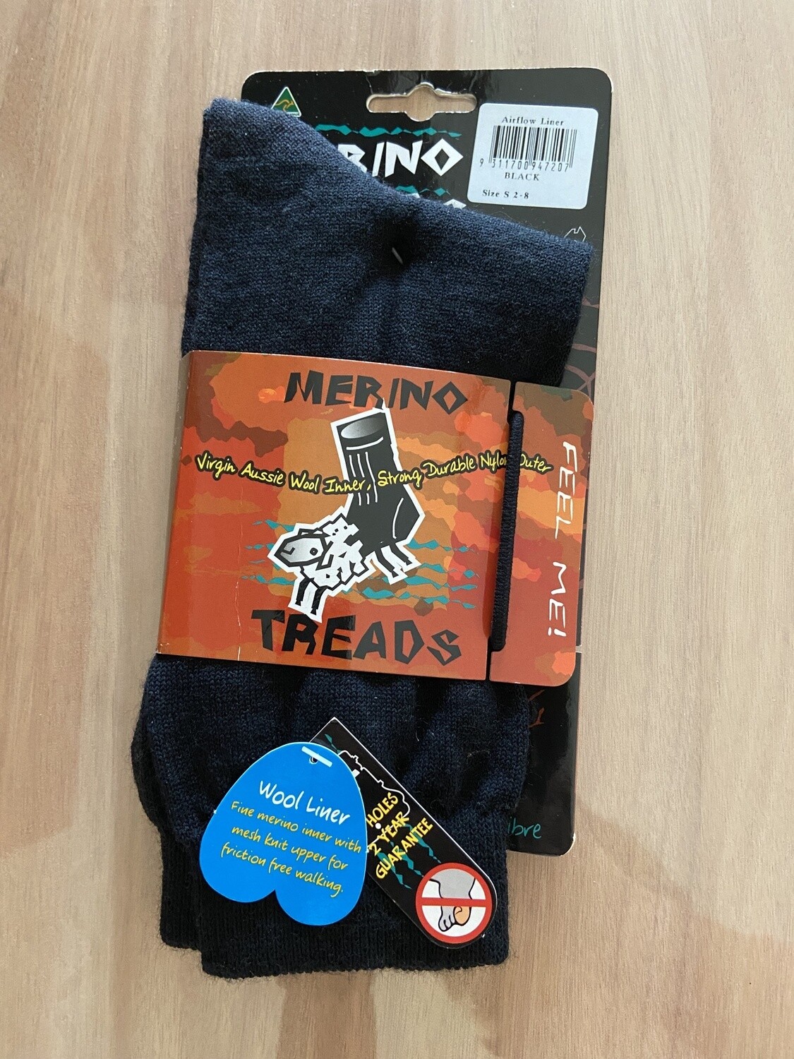 Merino Treads Airflow Liner Sock Range, Size: Medium, Color: Black