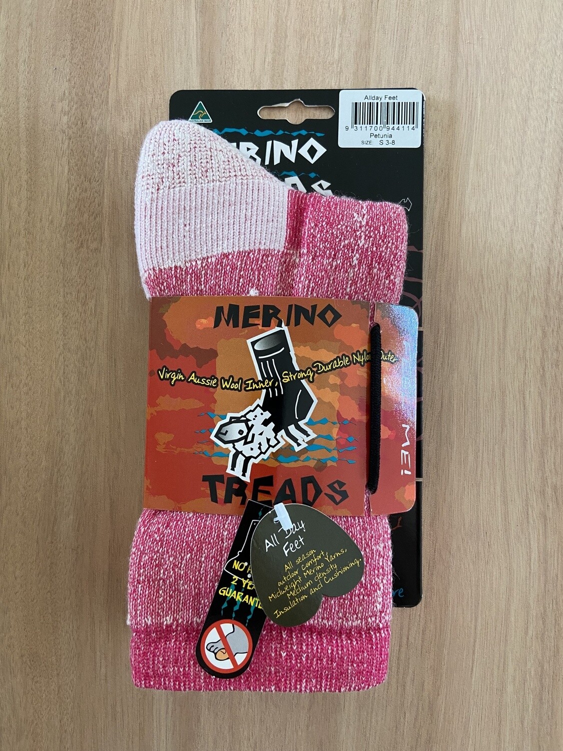 Merino Treads All Day Feet Sock Range, Size: S 2-8, Color: Petunia