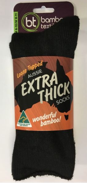 Bamboo Textiles Australian Made Extra Thick Socks Loose Topped, Color: Black, Size: M6-10 / W 8-11