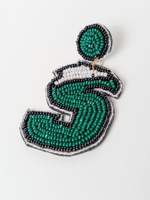 Dangling beaded earrings with green/white "S" on gold hook, intricate circular design.