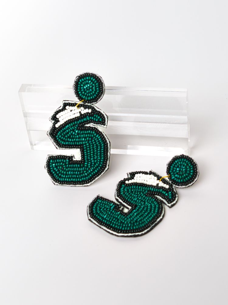 Ladies' Beaded Eagles Earrings Dangling beaded earrings with green/white "S" on gold hook, intricate circular design.