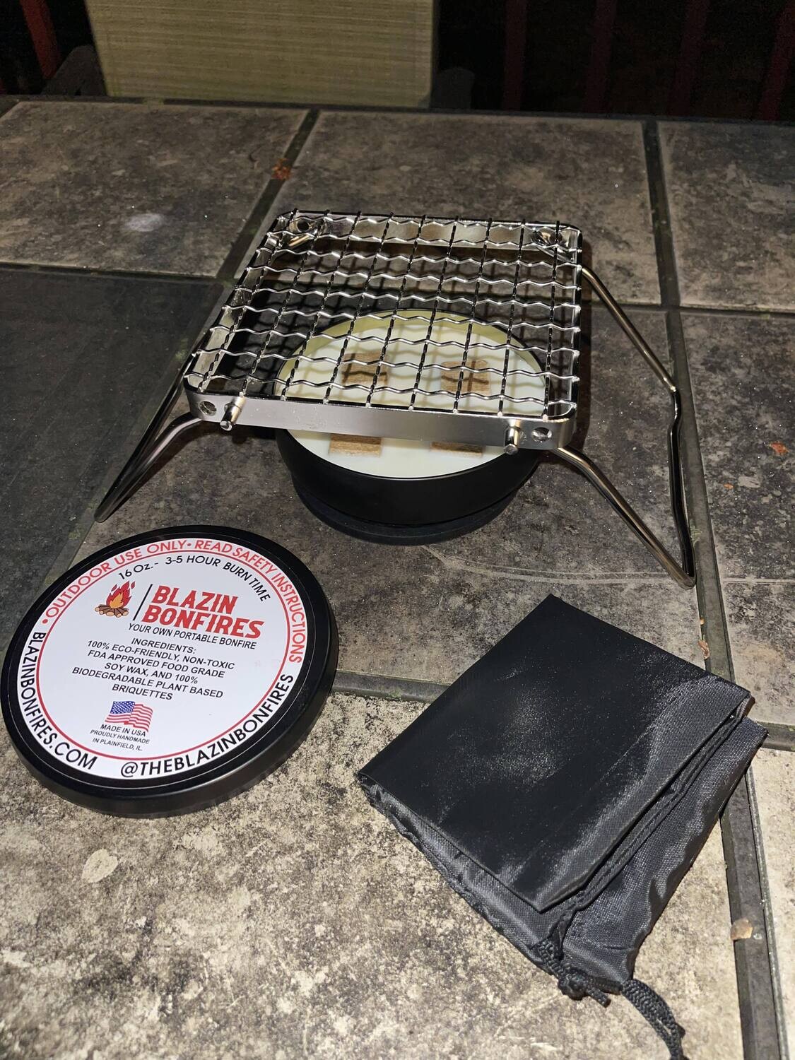 Blazin Bonfire (Portable Bonfire) Kit w/ a Blazin Heat Pad and a Blazin Camp Grill with Foldable Legs-304 Stainless Steel Grill Grate
