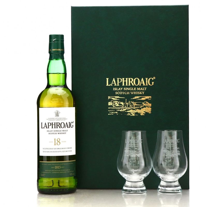 Laphroaig 18 Year Old Limited Edition Gift Set with 2 Printed Glencairn Glasses Islay Single Malt Whisky (2013) 70cl