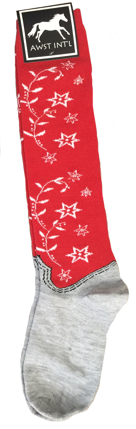 Socks - Western Boot Flowers Ladies Knee High-RED