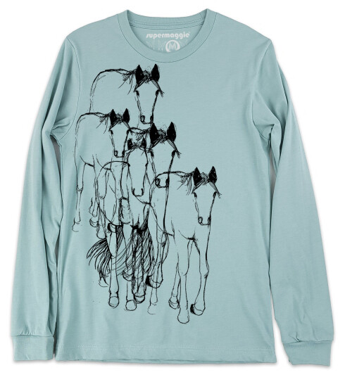 Shirt - Long Sleeve Dusty Blue w/BLK Horses Shirt - Long Sleeve Dusty Blue w/BLK Horses