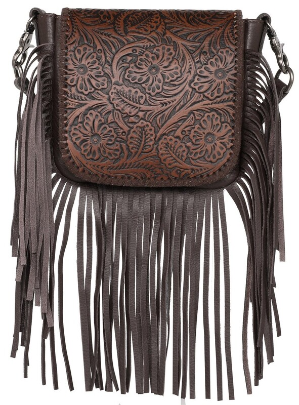 Purse - Crossbody Genuine Leather Floral Tooled - Coffee