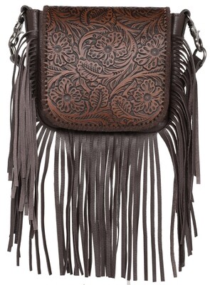 Purse - Crossbody Genuine Leather Floral Tooled - Coffee