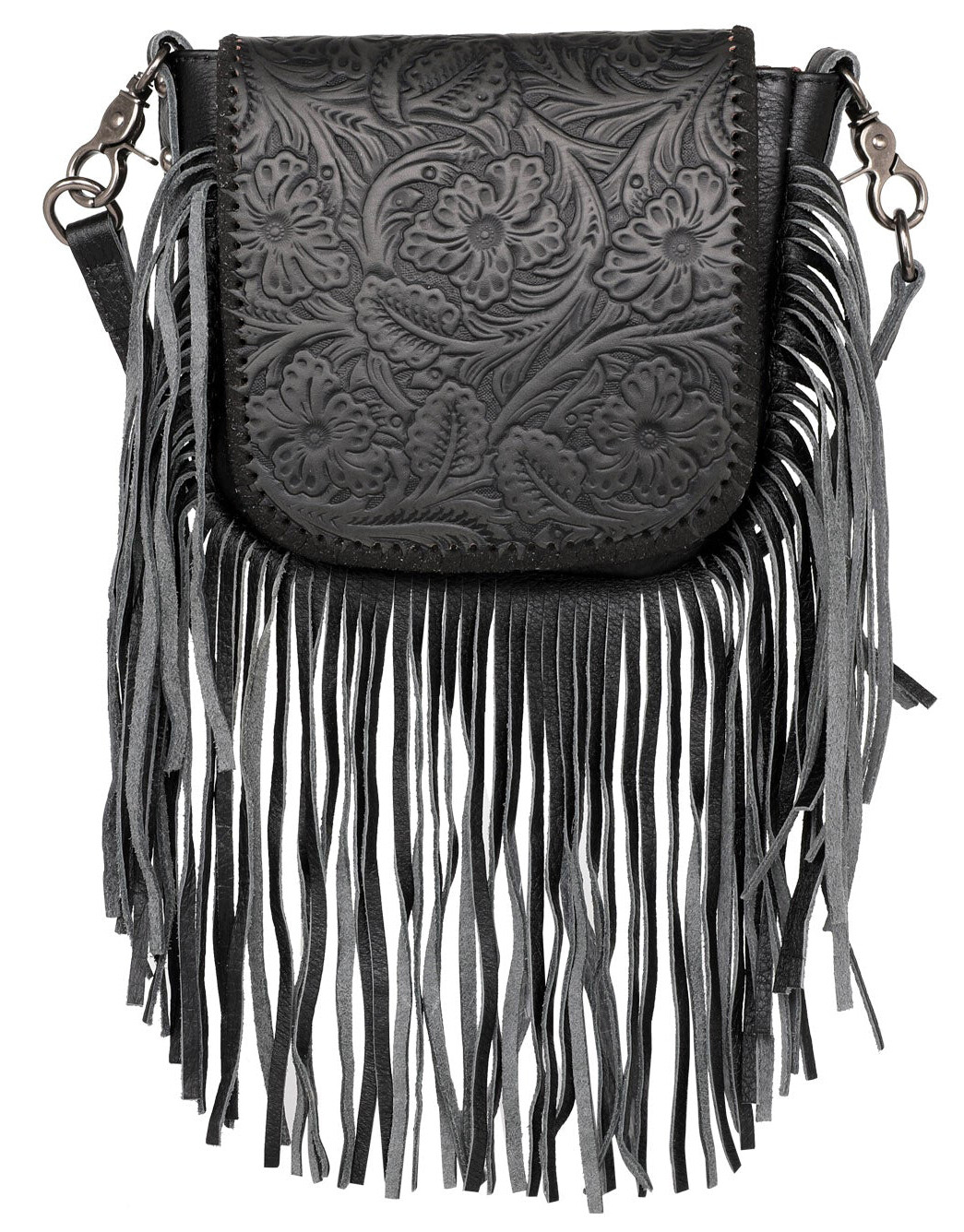 Purse - Crossbody Genuine Leather Floral Tooled - BLK