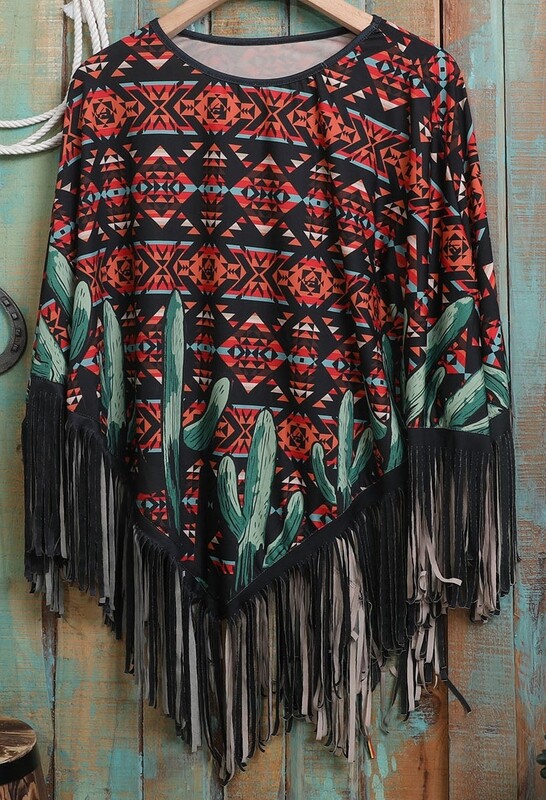 Poncho - Cactus Aztec & Fringe Multi Color