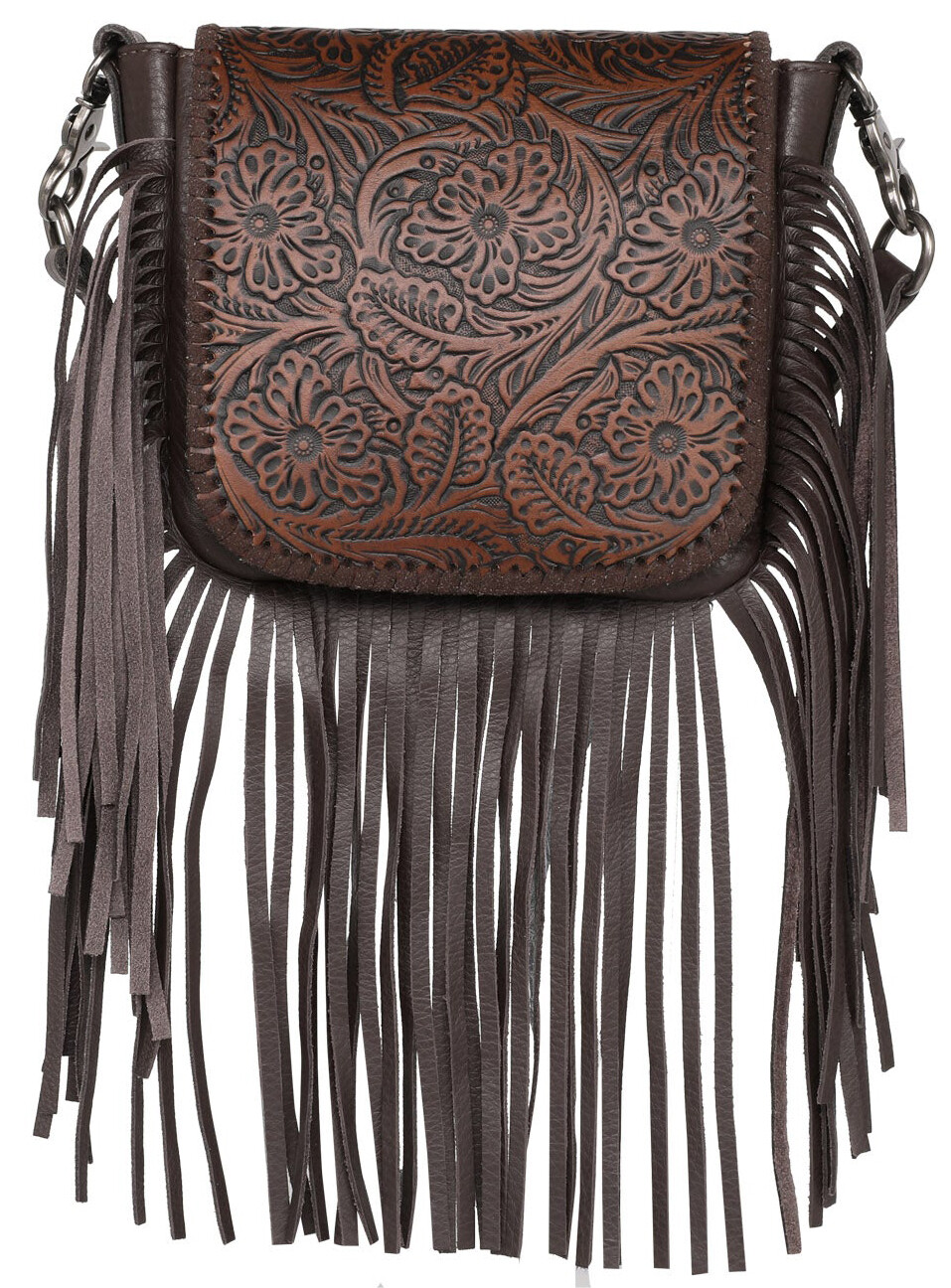 Purse - Crossbody Genuine Leather Floral Tooled - Coffee Purse - Crossbody Genuine Leather Floral Tooled - Coffee