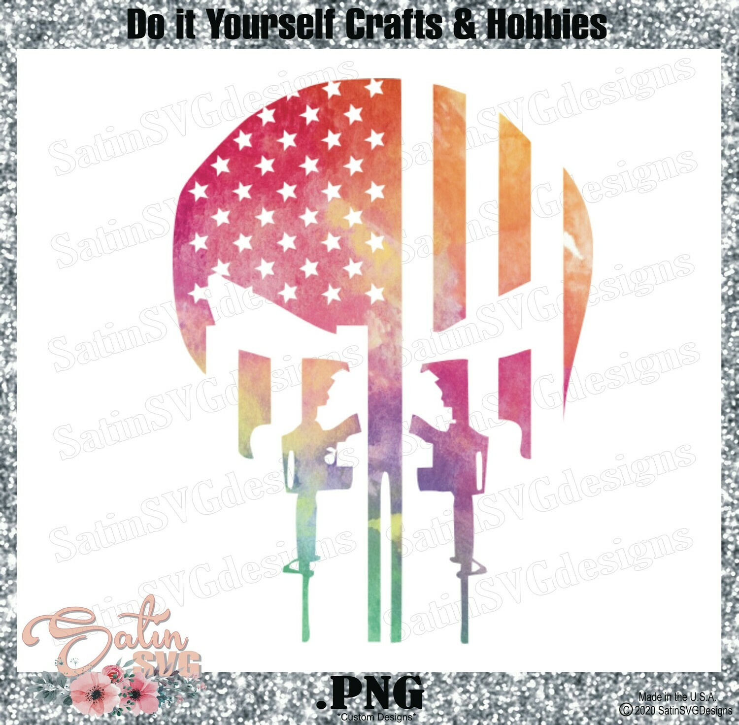 Skull Flag Arms, American Flag, Military Arms Watercolor Design PNG Files, Cricut, Silhouette Studio, Digital Cut Files Waterslides