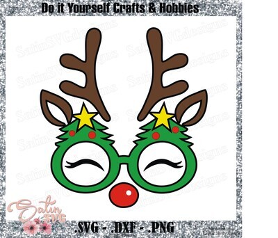 Deer Face Glasses Antlers Reindeer Christmas Tree Lights Stars Design SVG Files, Cricut, Silhouette Studio, Digital Cut Files