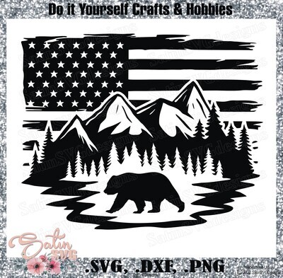 Camping Bear Mountains Flag Design SVG PNG Files, Cricut, Silhouette Studio, Digital Cut Files Waterslides