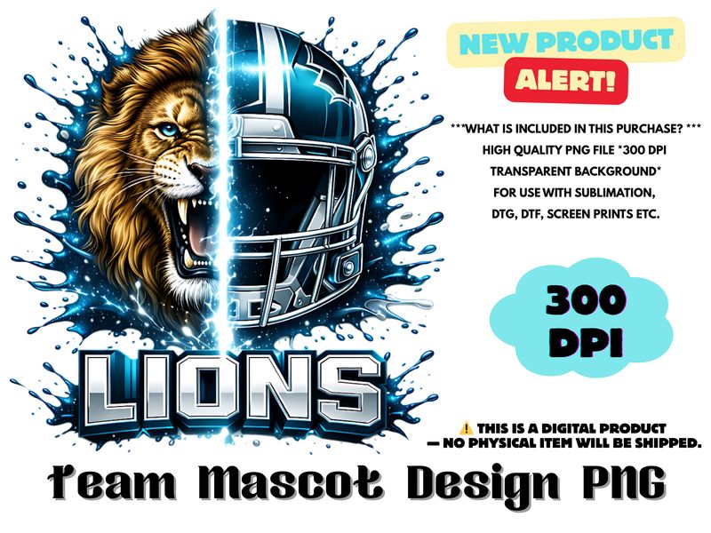 Football Team Lions Sublimation Design PNG - Football Mascot Graffiti Design PNG - Football Team Mascot Shirt PNG Waterslides