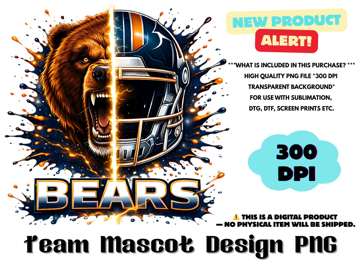 Football Team Bears Sublimation Design PNG - Football Mascot Graffiti Design PNG - Football Team Mascot Shirt PNG Waterslides