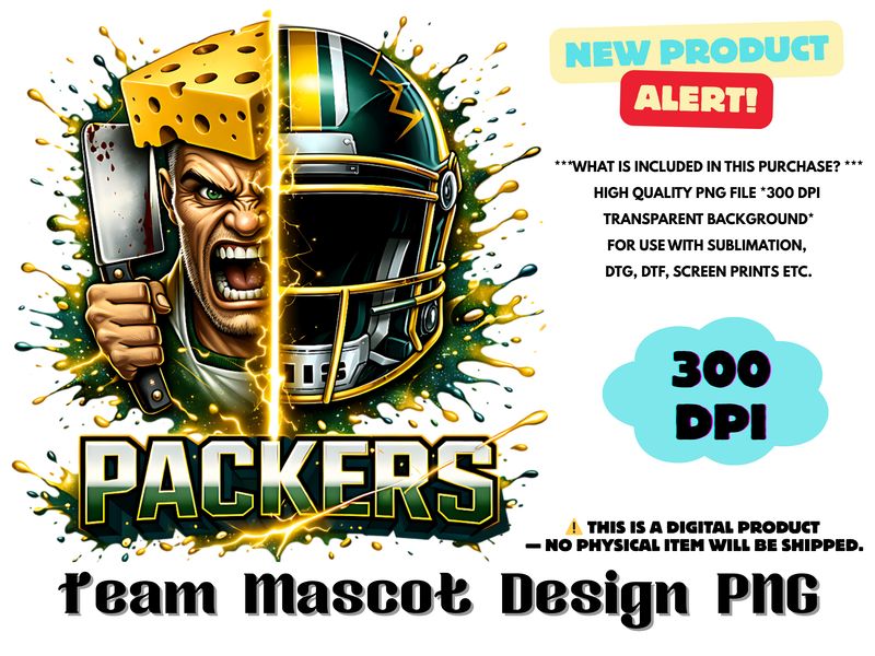 Football Team Packers Sublimation Design PNG - Football Mascot Graffiti Design PNG - Football Team Mascot Shirt PNG Waterslides