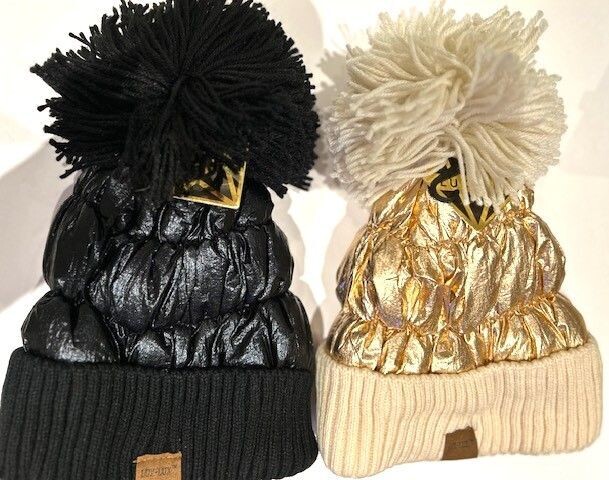 Blossom Women Girls Shiny Metallic Color Fleece Lined Knit Pom Pom Beanie Hat