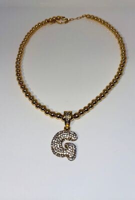 Women's Gold Beaded Necklace with Initial Rhinestone Pendent