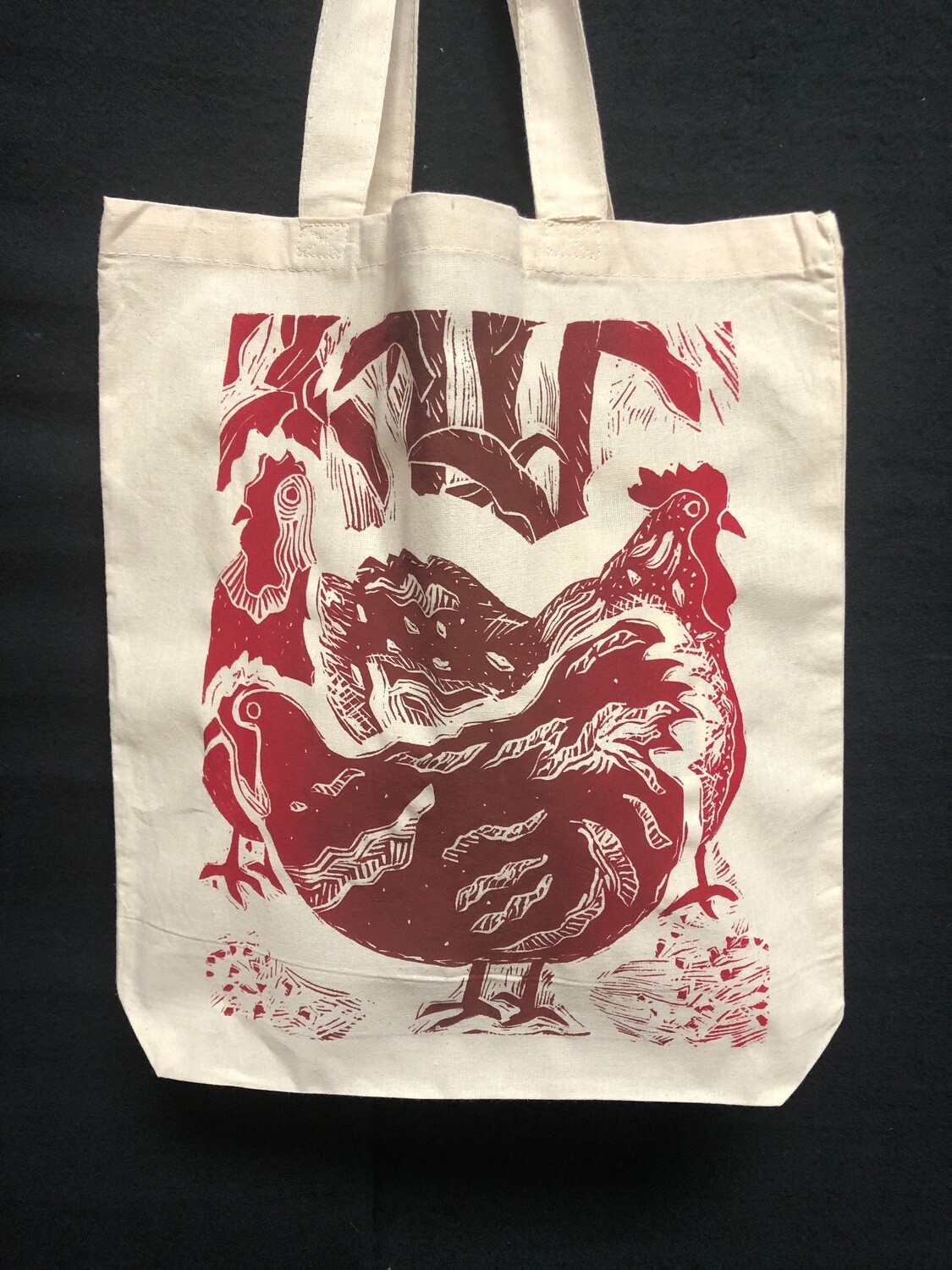 Teodoro's Chickens hand printed tote bag-red