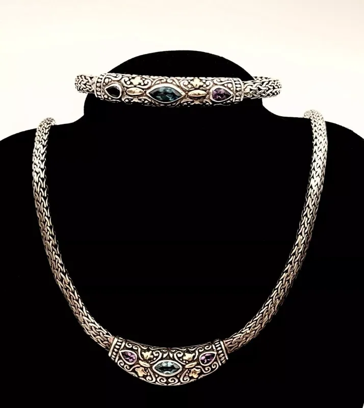 Samuel B Brenham .925 Silver 18K Blue Topaz and Amethyst Necklace &amp; Bracelet