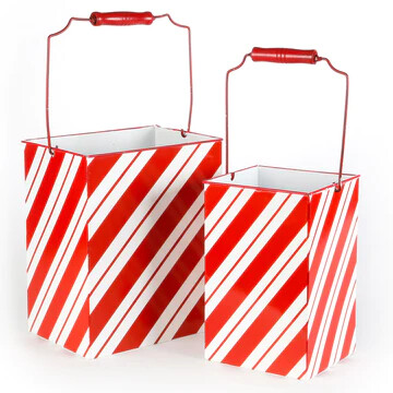 Bold Red and White Striped Metal Bucket: W/Handle Small