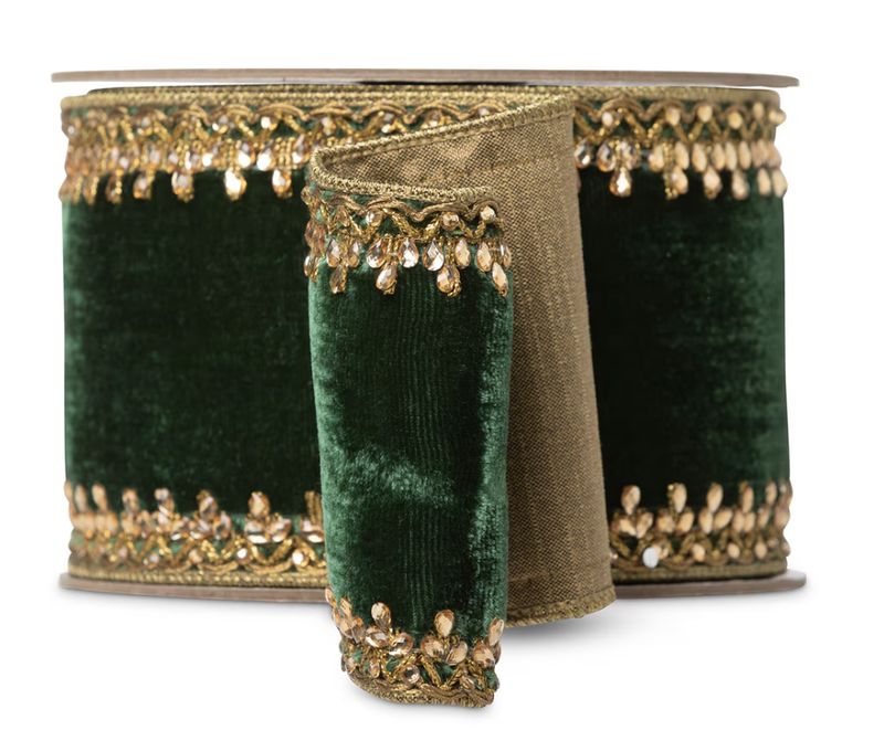 Jeweled-Edge Emerald Velvet Ribbon