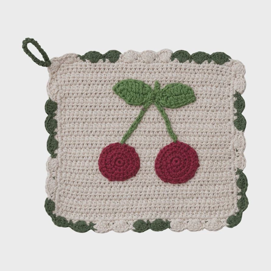 Cotton Crocheted Scalloped Pot Holder w/ Cherries Cotton Crocheted Scalloped Pot Holder w/ Cherries