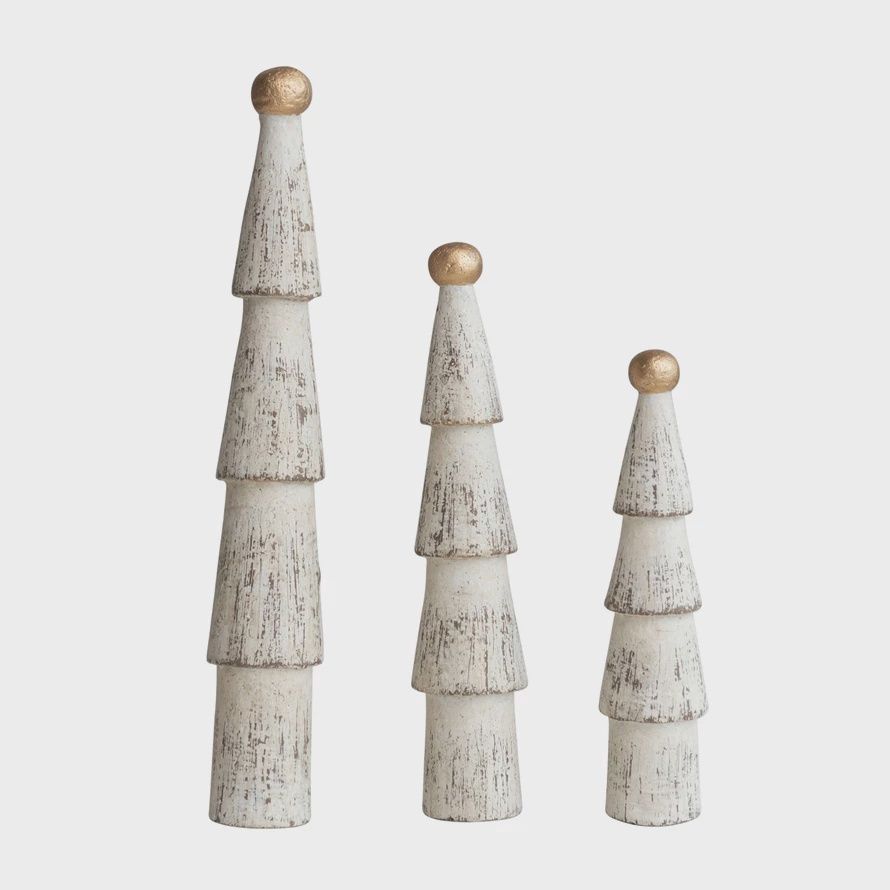 Carved Mango Wood Trees w/ Gold Ball Top, Distressed Cream Color, Set of 3 Carved Mango Wood Trees w/ Gold Ball Top, Distressed Cream Color, Set of 3