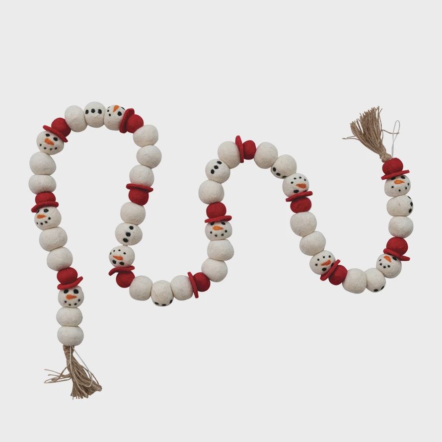 Handmade Wool Felt Snowman Garland with Jute Tassels