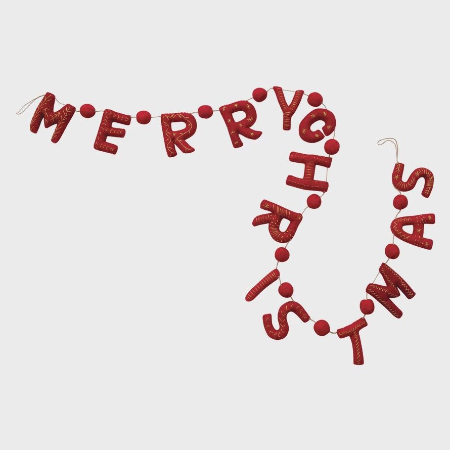 Handmade Wool Felt Garland with Metallic Thread Embroidery & Jute Cord