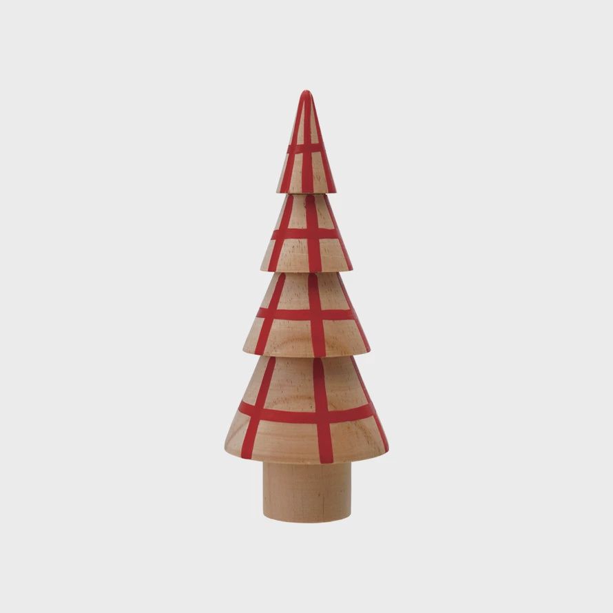 Hand-Painted Wood Tree with Grid Pattern