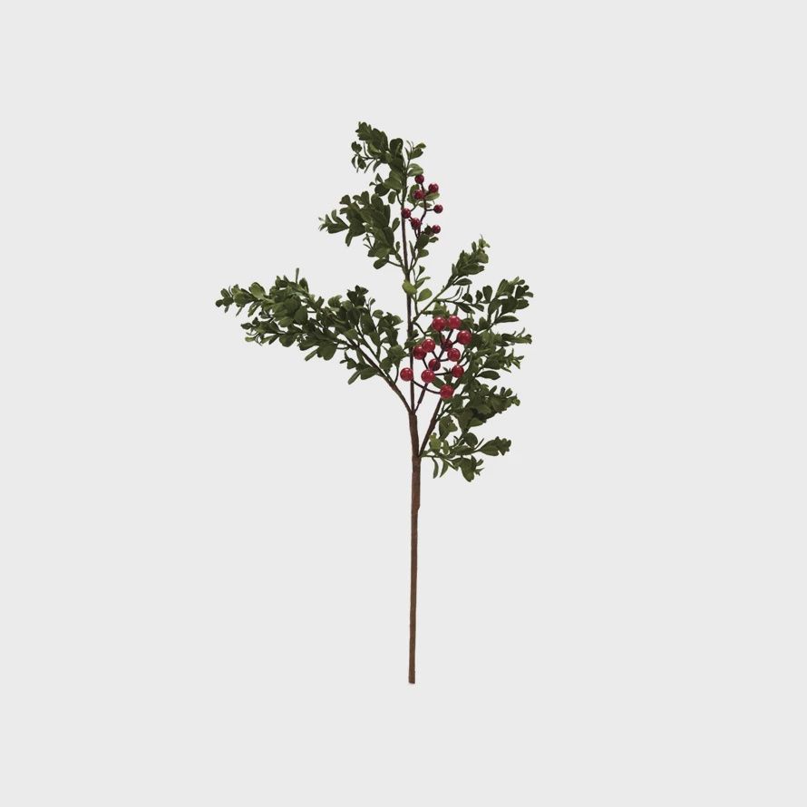 Faux Boxwood Stem with Red Berries