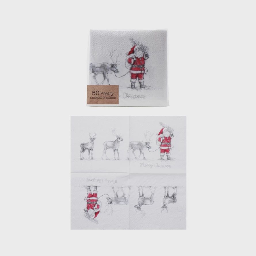 Paper Cocktail Napkins with Santa Leading Reindeer
