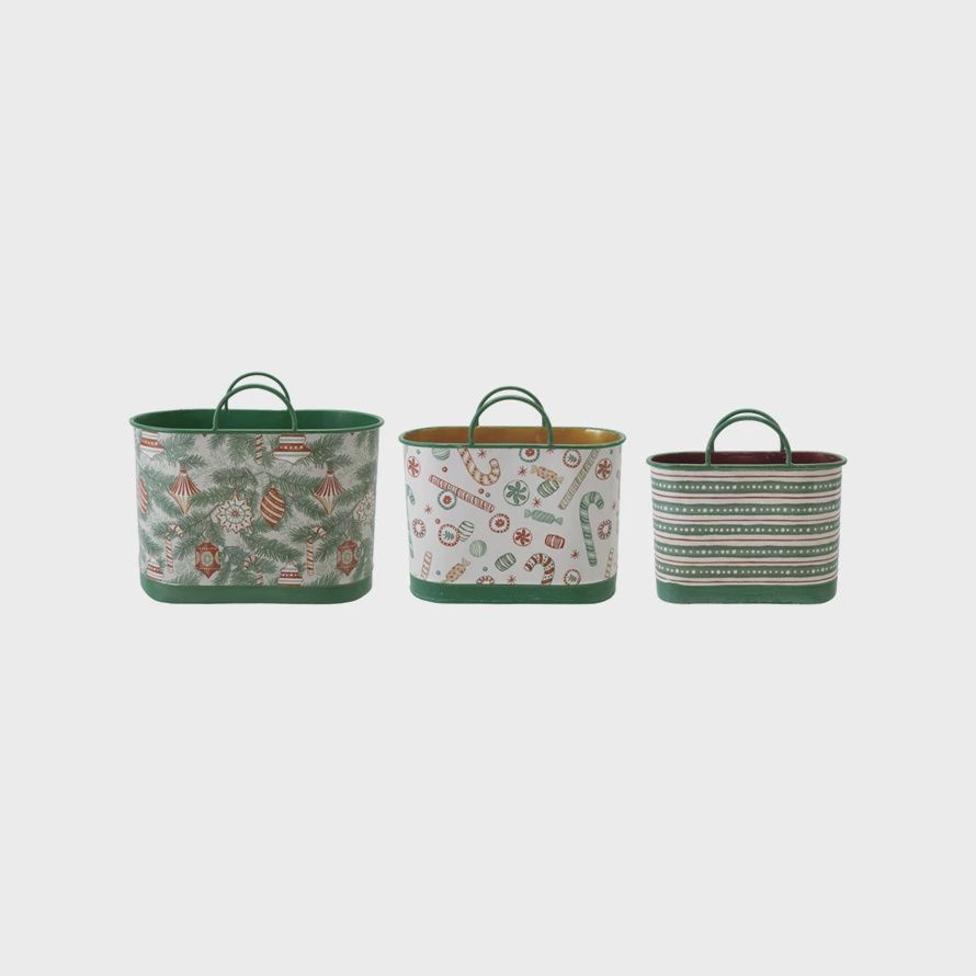 Metal Buckets with Handles & Holiday Patterns, Set of 3