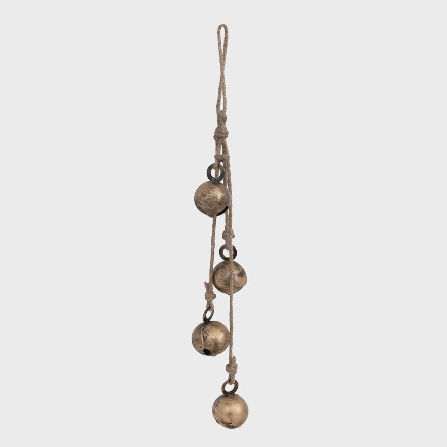 Hanging Metal Jingle Bells with Jute Rope, Antique Brass Finish