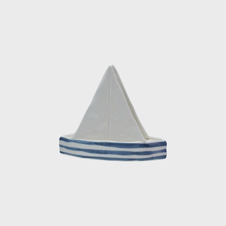Stoneware Sailboat Shaped Napkin Holder with Stripes Stoneware Sailboat Shaped Napkin Holder with Stripes