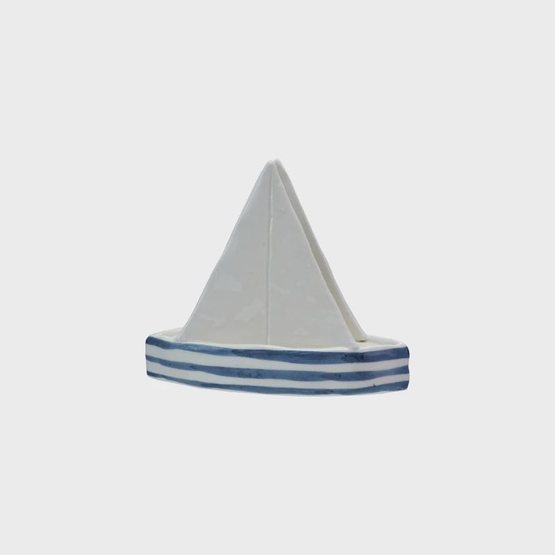 Stoneware Sailboat Shaped Napkin Holder with Stripes