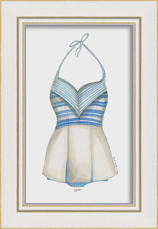 Blue Stripes Swim Suit Art; Framed; White