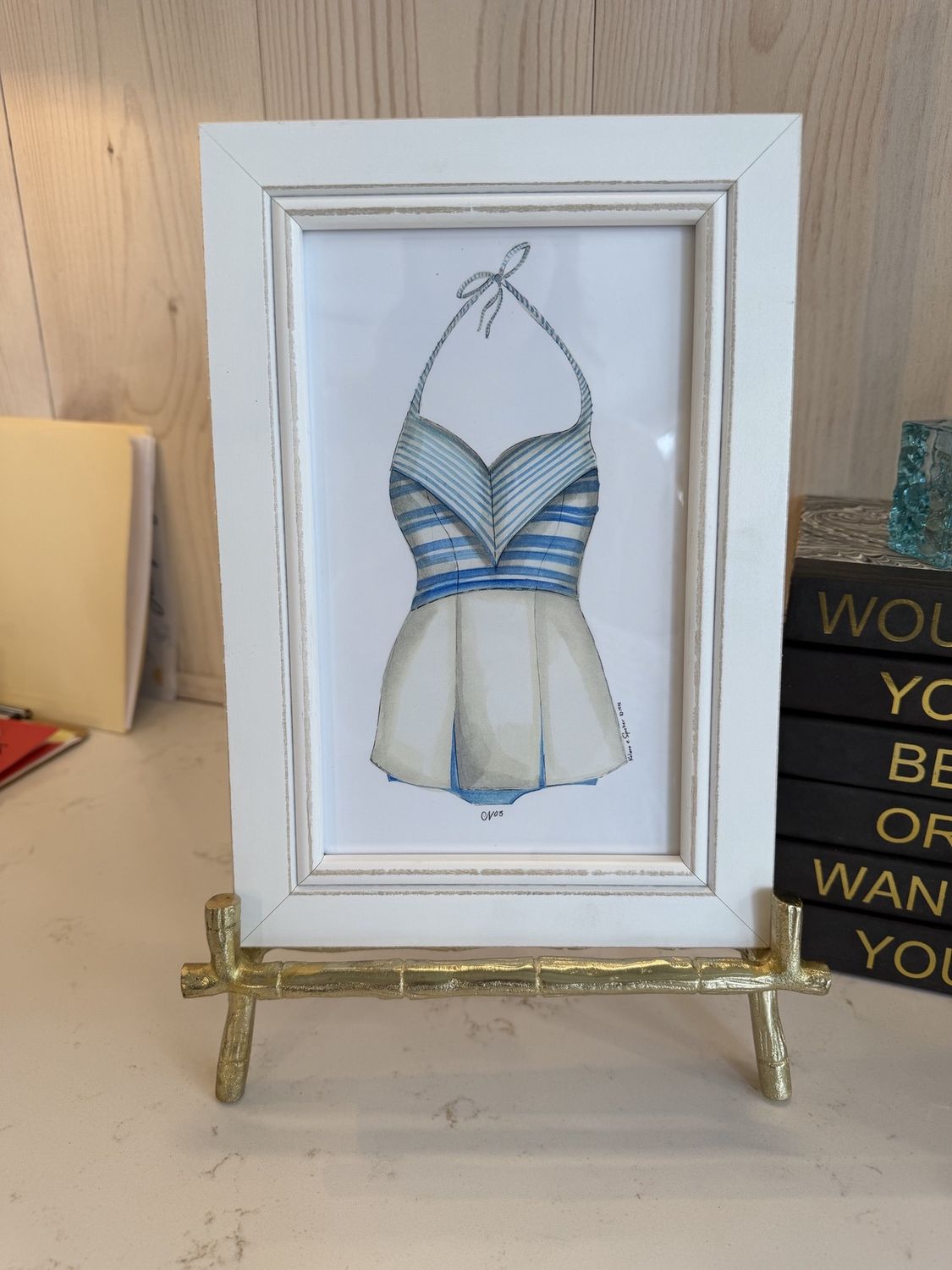 Blue Stripes Swim Suit Art; Framed; White