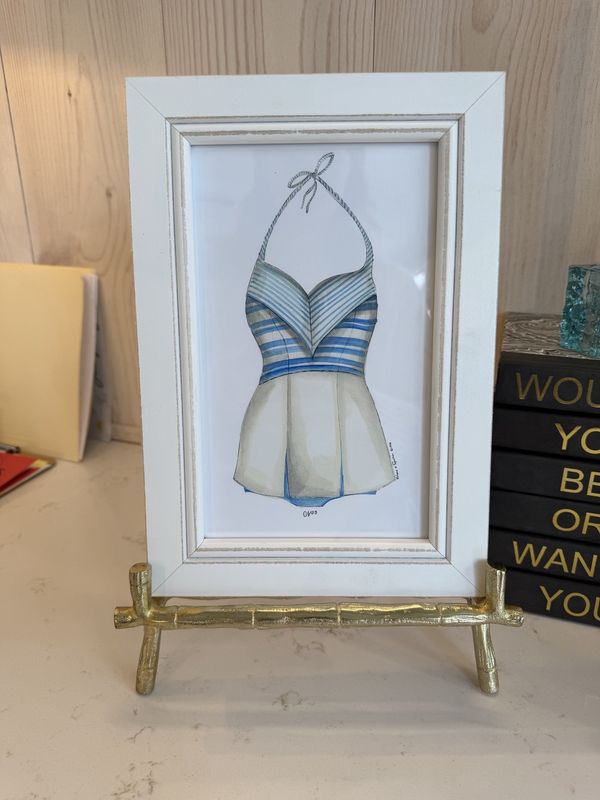 Blue Stripes Swim Suit Art; Framed; White