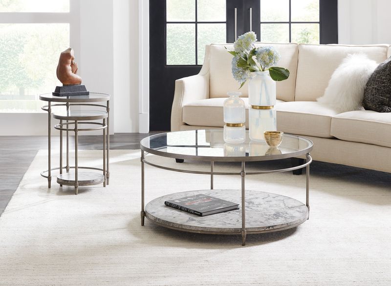 Round Cocktail Table; 38" x 38"; Glass Top; Concrete and Metal