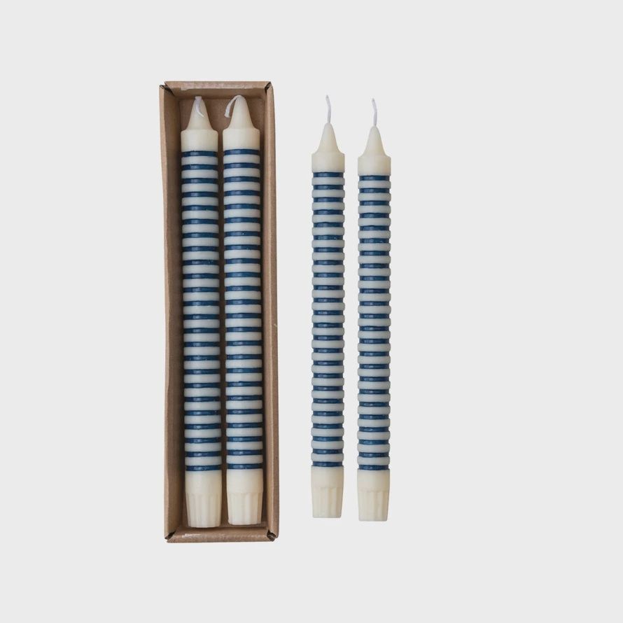 Unscented Striped Taper Candles in Box, Blue