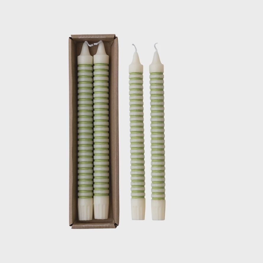 Unscented Striped Taper Candles in Box, Green